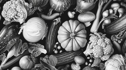 Poster - A black and white photo showcasing a variety of vegetables. This versatile image can be used for various purposes