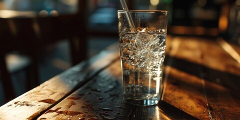 Poster - A simple image of a glass of water placed on a wooden table. Suitable for various uses