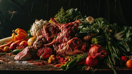 Poster - A pile of meat sitting on top of a wooden table. Perfect for food-related projects