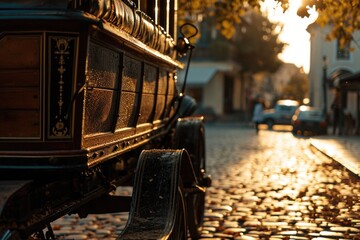 Aufkleber - A traditional horse drawn carriage is pictured on a charming cobblestone street. This image can be used to depict nostalgia, historical settings, or transportation
