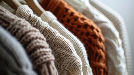 Poster - A row of sweaters hanging on a rack. Perfect for showcasing different styles and colors of sweaters.