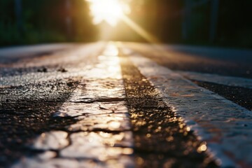 Sticker - A picturesque scene of a wet road with the sun setting in the background. Perfect for capturing the beauty of nature and the calming ambiance of a sunset