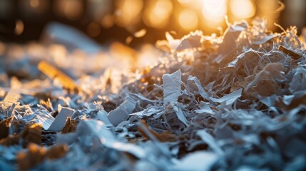 Poster - A detailed view of a pile of paper that has been shredded into small pieces. This image can be used to represent document destruction, data security, or recycling.