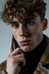 Poster - Close up of a person engaged in a phone conversation. Suitable for illustrating communication, technology, or modern lifestyle concepts