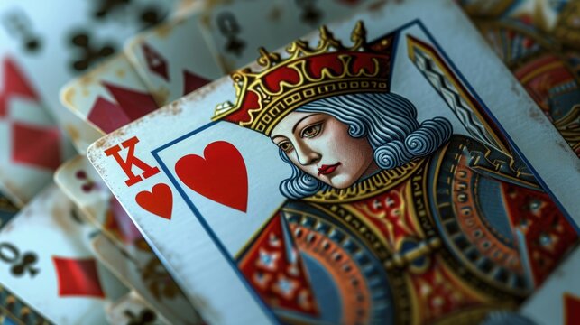 a close up view of a playing card featuring the queen of hearts. perfect for casino-themed designs o