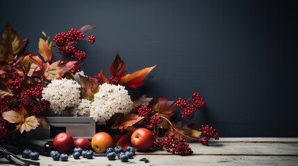 Wall Mural - hydrangea flowers and autumn leaves with berries on a wooden table