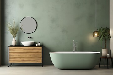 Sticker - Bathroom interior with green walls and freestanding bathtub