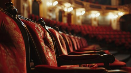 Poster - A row of red chairs in a theater. Suitable for theater, cinema, and event-related projects