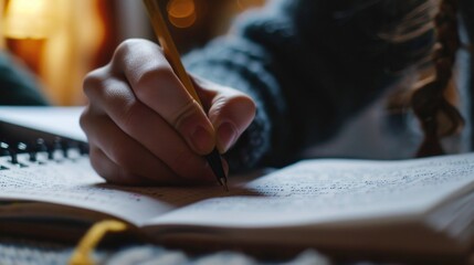 Poster - A person can be seen writing in a notebook with a pen. This image can be used for various purposes