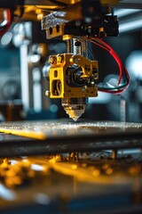 Poster - A detailed view of a machine in action, working on a piece of metal. Versatile for industrial, manufacturing, or engineering purposes