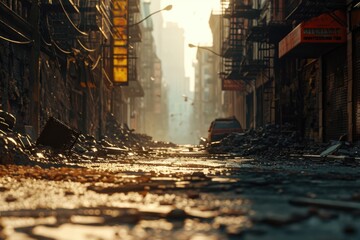 Poster - A city street cluttered with various types of debris. Suitable for illustrating urban decay and post-disaster scenes