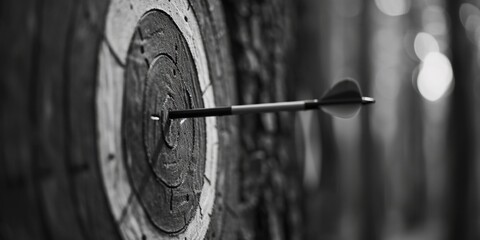 Poster - A black and white photo of a dart hitting a target. Perfect for illustrating success, achievement, and reaching goals