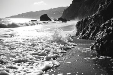 Sticker - A black and white photo of the ocean. Can be used for various purposes