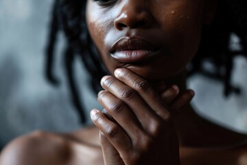 Poster - A close-up image of a woman with her hands resting on her chin. This versatile picture can be used in various contexts