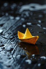 Poster - A yellow paper boat peacefully floating on top of a puddle. Perfect for adding a touch of whimsy and childhood nostalgia to any project