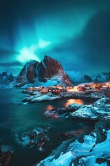 Poster - The stunning display of the aurora borealis lights up the night sky over a small town. Perfect for adding a touch of magic to any project or design