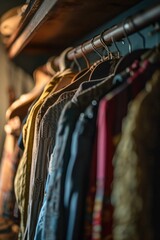 Poster - A row of clothes hanging on a rack. Can be used to depict a clothing store, fashion boutique, or laundry service