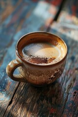Poster - A cup of coffee sitting on top of a wooden table. Perfect for coffee shop promotions or cozy home decor