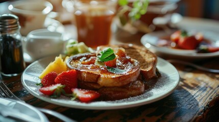 Poster - Delicious French toast with a colorful assortment of fresh fruit, perfect for a breakfast or brunch. Versatile image that can be used for food blogs, recipe websites, or healthy eating promotions