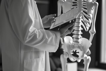 Poster - A doctor holding a clipboard stands in front of a skeleton. This image can be used to illustrate medical research, diagnosis, or healthcare concepts