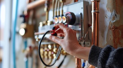 Poster - A person is seen working on a water heater. This image can be used to illustrate plumbing repairs or maintenance