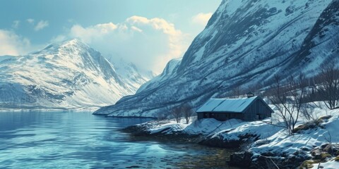 Poster - A small cabin by the tranquil shore of a mountain lake. Perfect for nature lovers and those seeking a peaceful retreat
