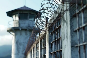 Poster - A building with barbed wire on top. Can be used to represent security or confinement
