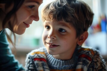 Aufkleber - Woman and young boy looking at a cell phone. Suitable for technology and communication concepts