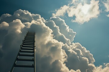 Poster - A ladder reaching towards the sky filled with fluffy clouds. Ideal for illustrating aspirations and limitless possibilities