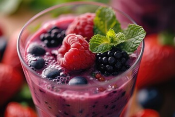 Poster - A refreshing and vibrant smoothie made with berries and garnished with fresh mint leaves. Perfect for a healthy and delicious drink option. Great for menus, recipe blogs, and health-related content