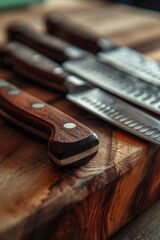Poster - A wooden cutting board with a variety of knives placed on top. Ideal for food preparation and cooking.