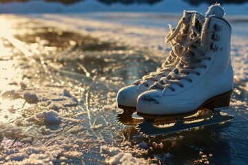 Aufkleber - Ice skates resting on the surface of a frozen lake, ready for a winter adventure. Ideal for winter sports and outdoor activities
