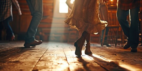 Poster - A close-up shot of a person walking on a wooden floor. This image can be used to depict concepts such as walking, movement, interior design, or lifestyle.