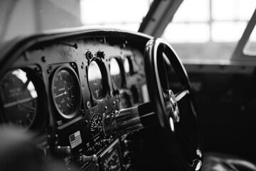 Poster - A black and white photo of a plane's dashboard. This picture can be used to illustrate aviation, travel, or technology concepts