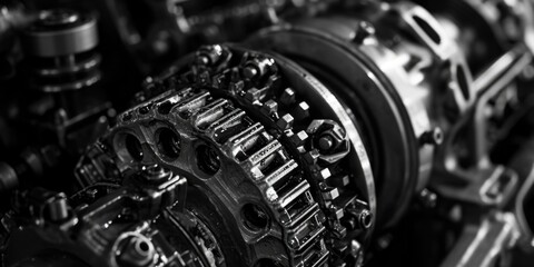Poster - A black and white photo showcasing a motorcycle engine. Perfect for automotive enthusiasts and vintage motorcycle enthusiasts.