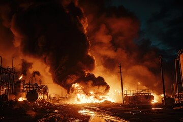 Poster - Aerial photograph capturing a large fire burning in the air. Perfect for illustrating wildfires, emergency situations, or environmental disasters