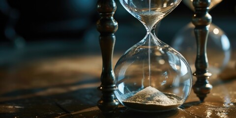 Aufkleber - Hourglass sitting on top of a wooden table. Perfect for time management and productivity concepts