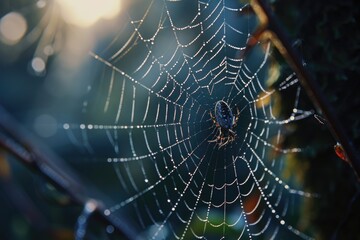 Poster - A spider web glistening with water droplets. Perfect for capturing the delicate beauty of nature.