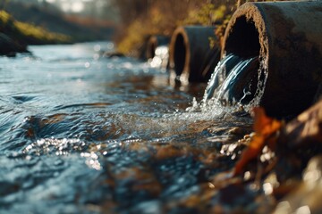 Poster - A picture capturing a stream flowing through a lush forest with an abundance of water. This image can be used to depict the beauty of nature and the tranquility of a forest landscape