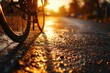 A close up view of a bike on a wet road. Suitable for illustrating outdoor activities or transportation concepts