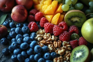 Poster - A close-up view of a variety of fresh and colorful fruit arranged on a table. This image can be used to showcase healthy eating, nutrition, or as a background for food-related content