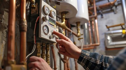 Poster - A person is pointing at a water heater mounted on a wall. This image can be used to illustrate home maintenance or repair concepts