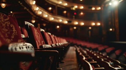 Poster - A row of red seats in a theatre. Perfect for capturing the atmosphere of a live performance or showcasing the interior of a theater.