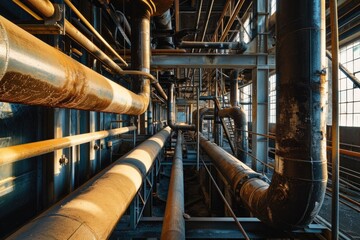 Poster - A picture of a large industrial building with numerous pipes. This image can be used to depict industrial processes, manufacturing, or infrastructure