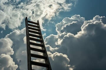 Poster - A ladder standing in front of a cloudy sky. Suitable for illustrating concepts such as aspirations, growth, and reaching for the sky