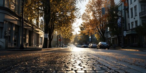Poster - A picture of a cobblestone street in the middle of a city. Can be used to depict urban landscapes and historical city centers