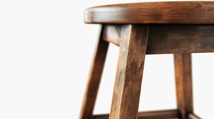 Poster - A simple wooden stool placed on a clean white floor. Suitable for various interior design concepts and home decor projects