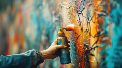Poster - A person using a spray bottle to create graffiti on a wall. This image can be used to depict urban art or vandalism