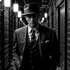 Wall Mural - Film Noir gangster in a dark alley. generative ai