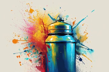 Poster - A blue spray can covered in colorful paint splatters. This versatile image can be used for various creative projects and design themes